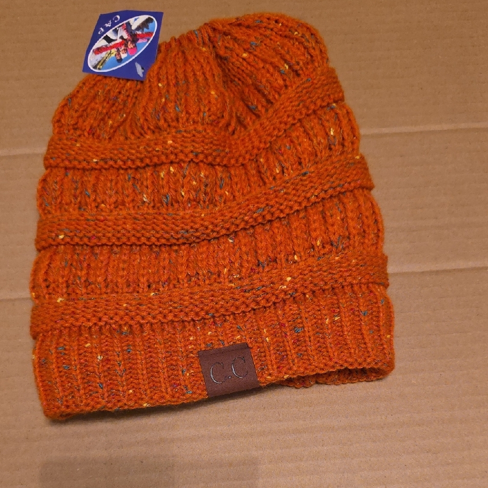 CHANEL Kids Vibrant Orange Knit Hat. Ponytail Hat